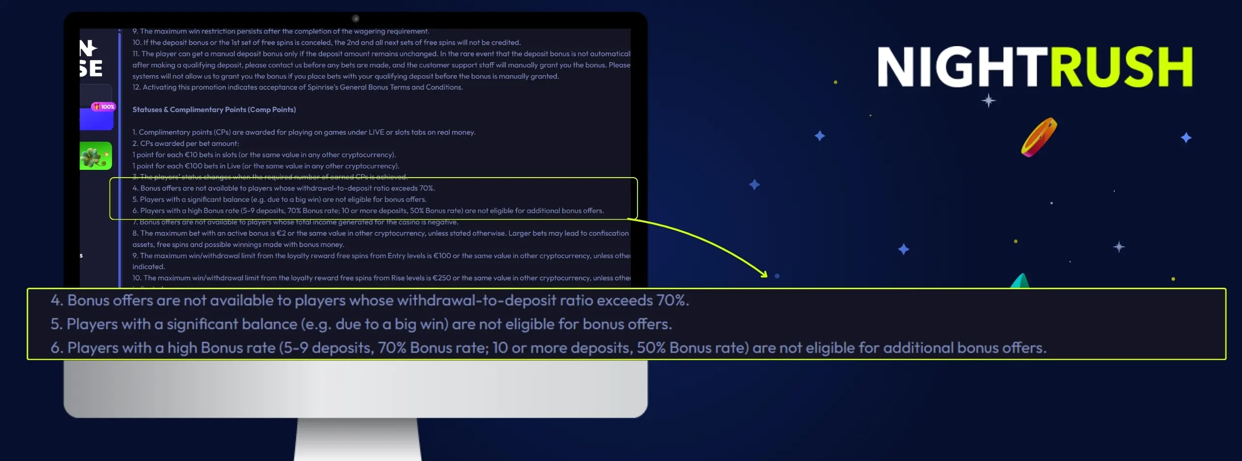 Terms of the Spinrise Casino are highlighted on a computer against a dark blue background.