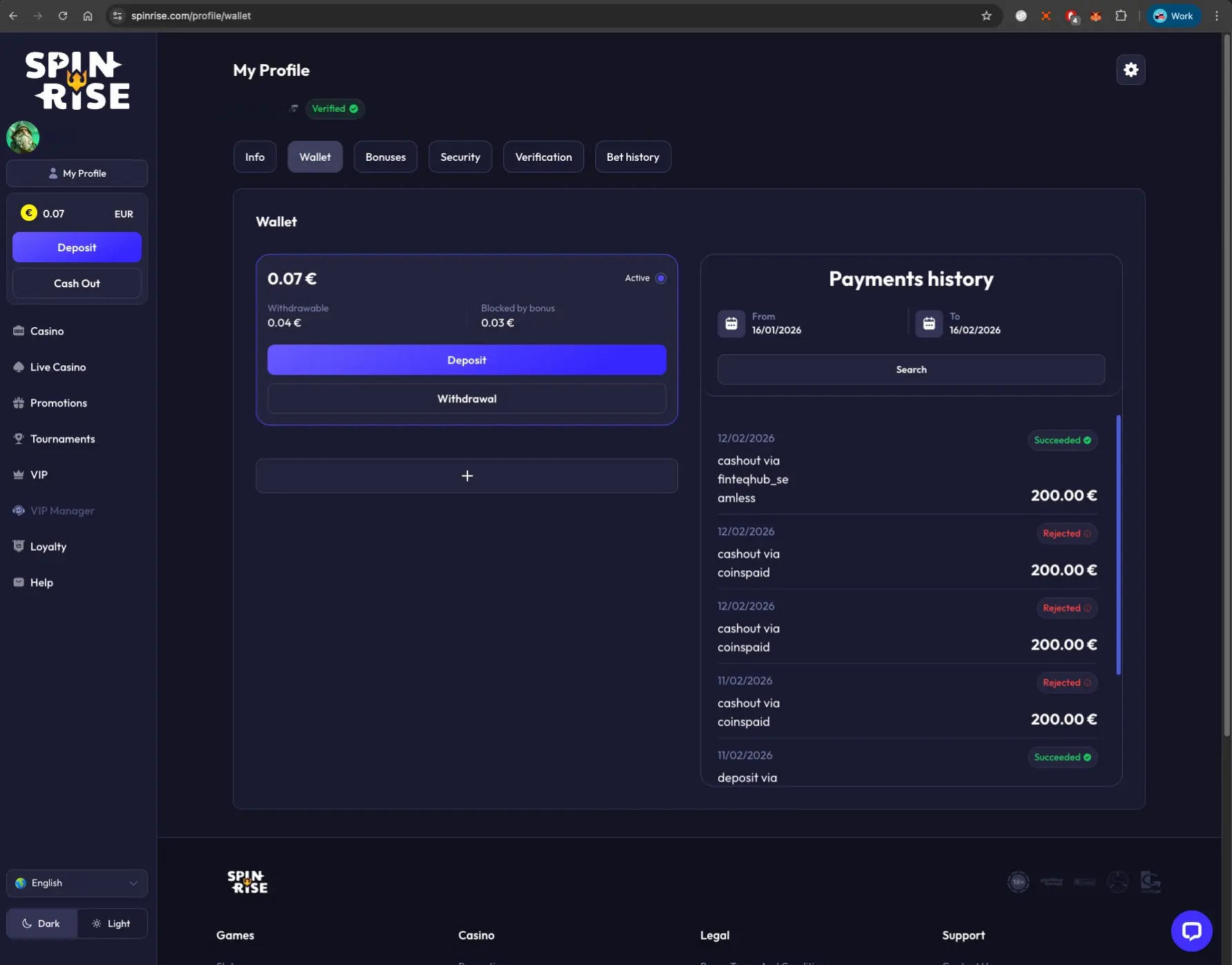 Spinrise wallet screen