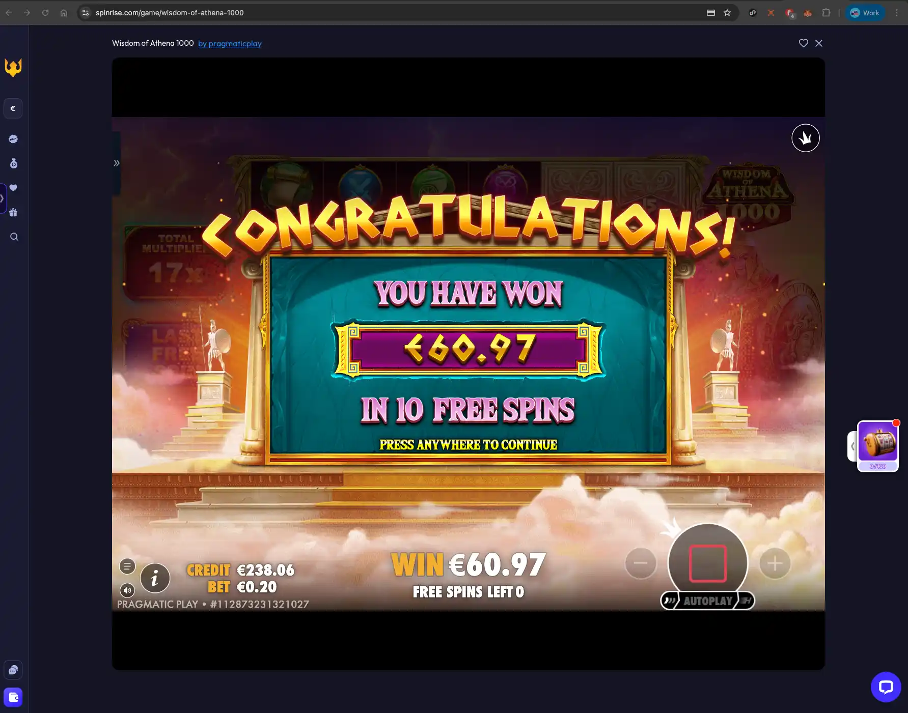 Spinrise win screen