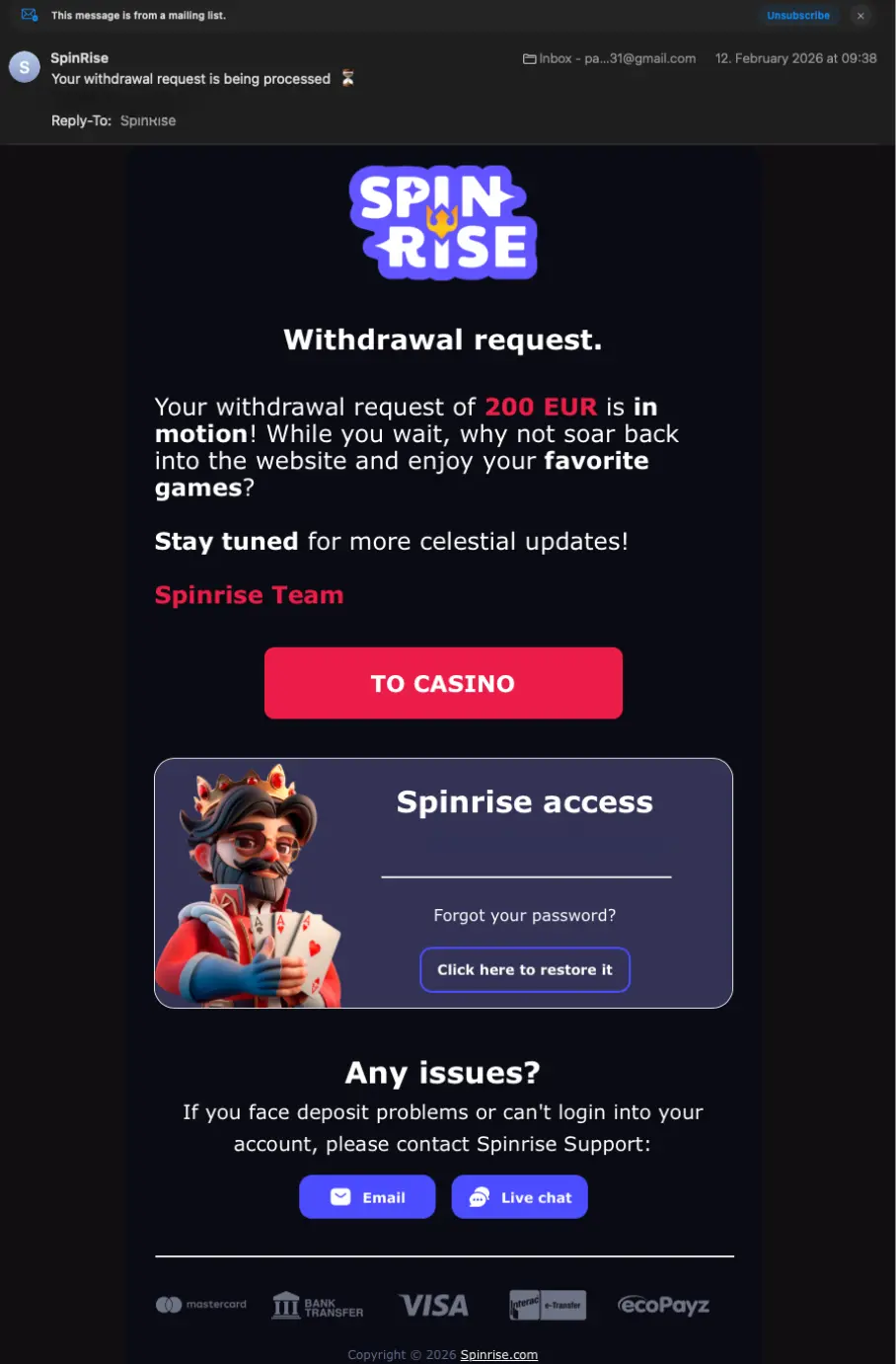 Spinrise withdrawal request screen