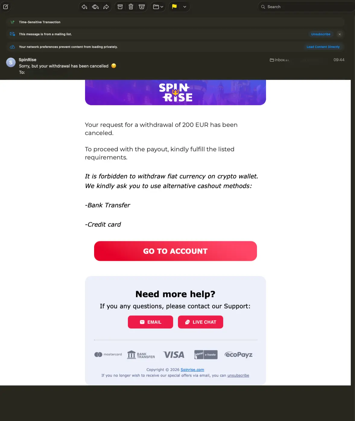 Spinrise withdraw cancel screen