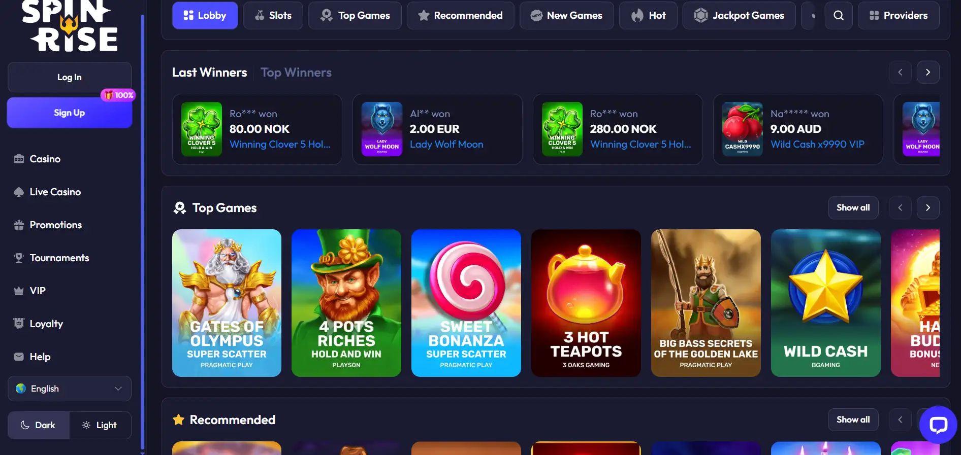 Homepage of the Spinrise Casino with selected games and menu against a dark blue background.