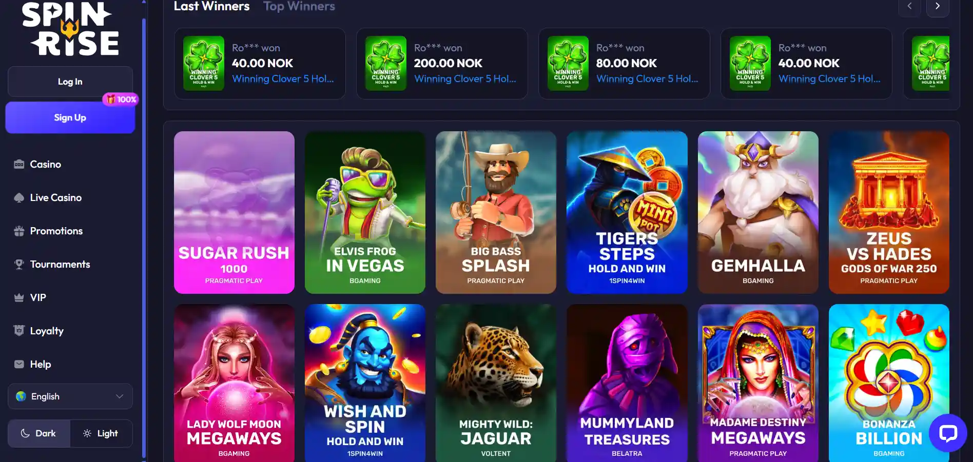 Games of the Spinrise Casino with selected titles and menu against a dark blue background.