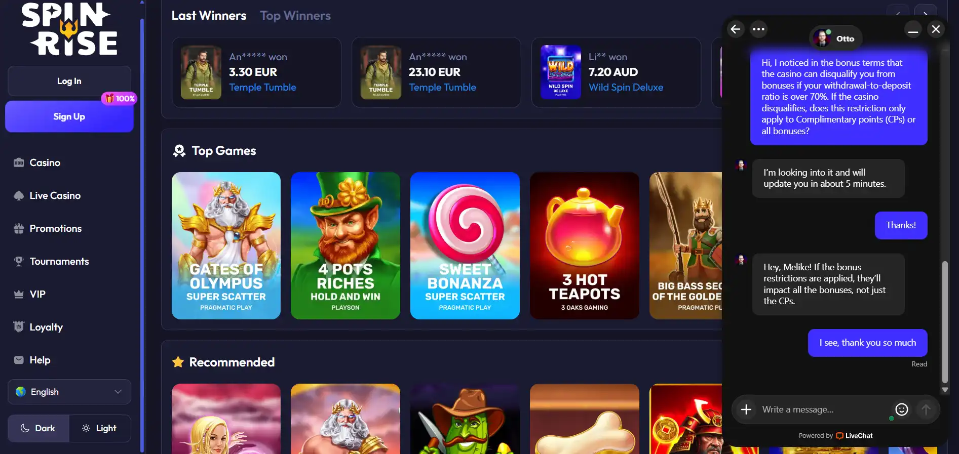 Live chat of the Spinrise Casino with the Nightrush editor on a dark blue background.