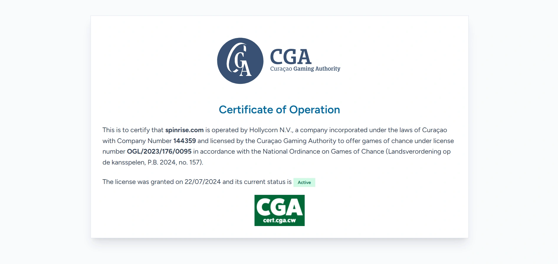 Spinrise Casino's certificate of operation details on a white background.