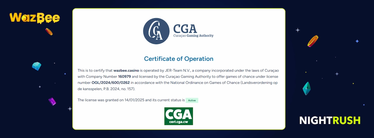 Curaçao Gaming Authority Certificate of Operation for WazBee with an active licence status.