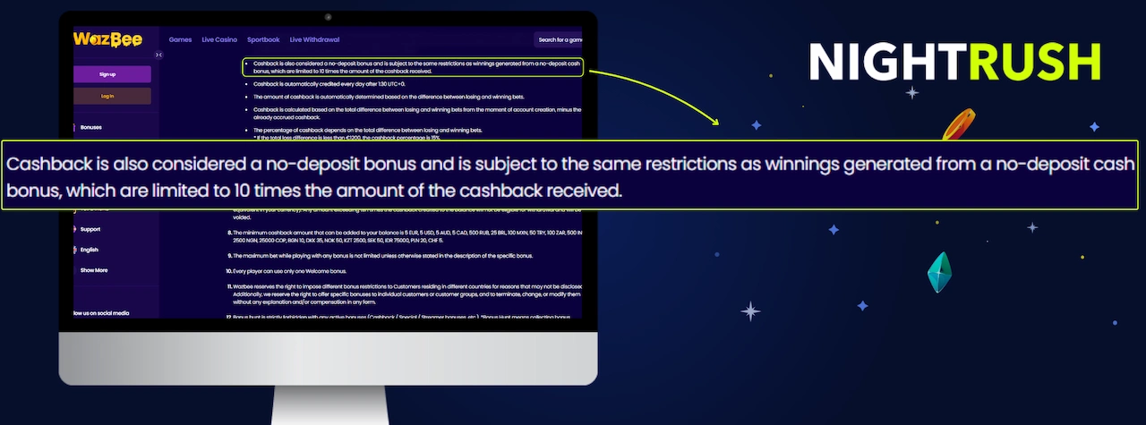 Laptop shows Wazbee T&Cs. A callout box shows section about cashback bonus.