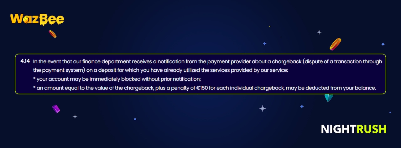 A callout box shows section 4.14 in Wazbee T&Cs.