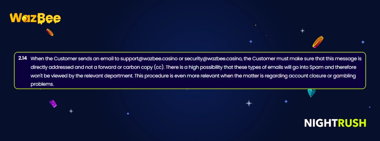 A callout box shows section 2.14 in Wazbee T&Cs.