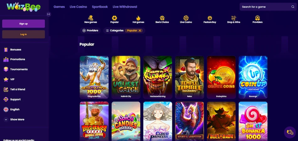 Wazbee Casino's game library displaying popular slot games, sidebar shows navigation options for bonuses, promotions, tournaments, and support. Top menu includes categories like New Games, Bee's Choice, and Drop & Wins.