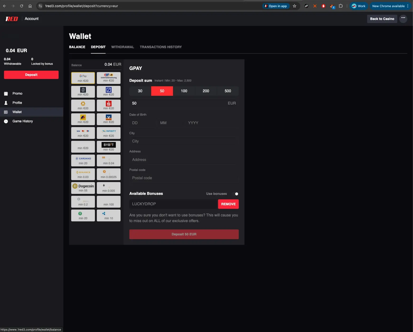 1Red Casino Deposit Wallet