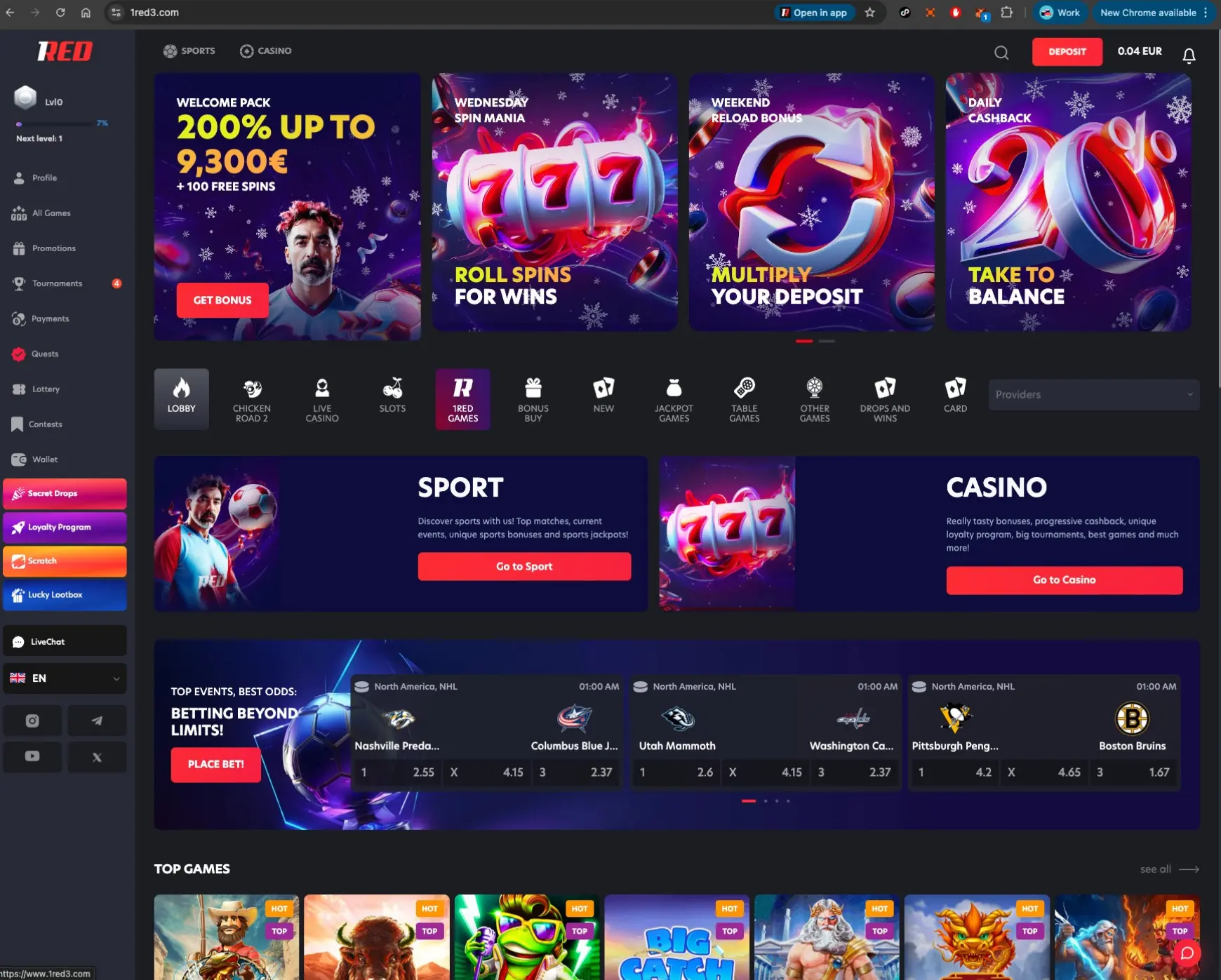 1Red Casino Homepage