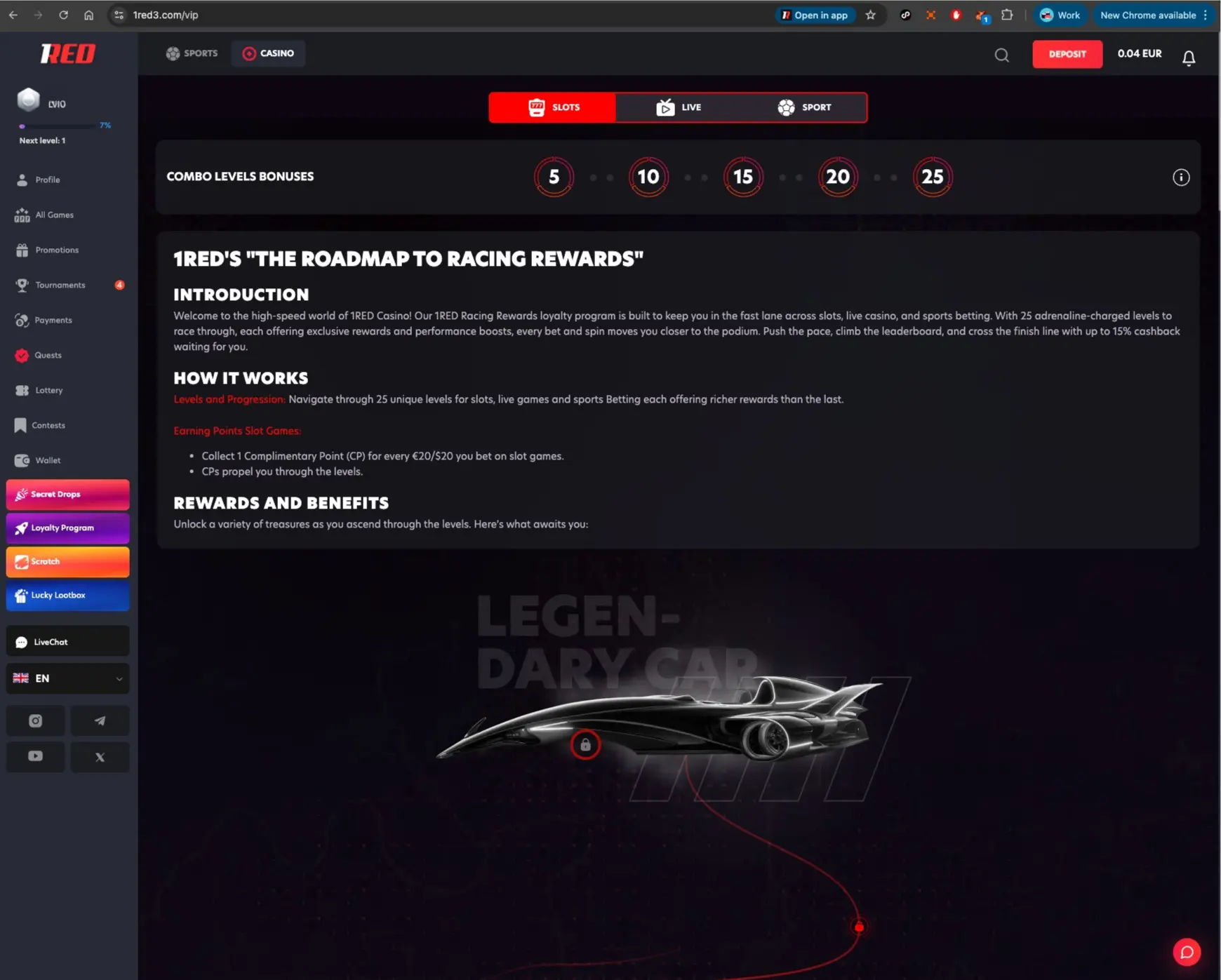 1Red Casino Level Bonuses