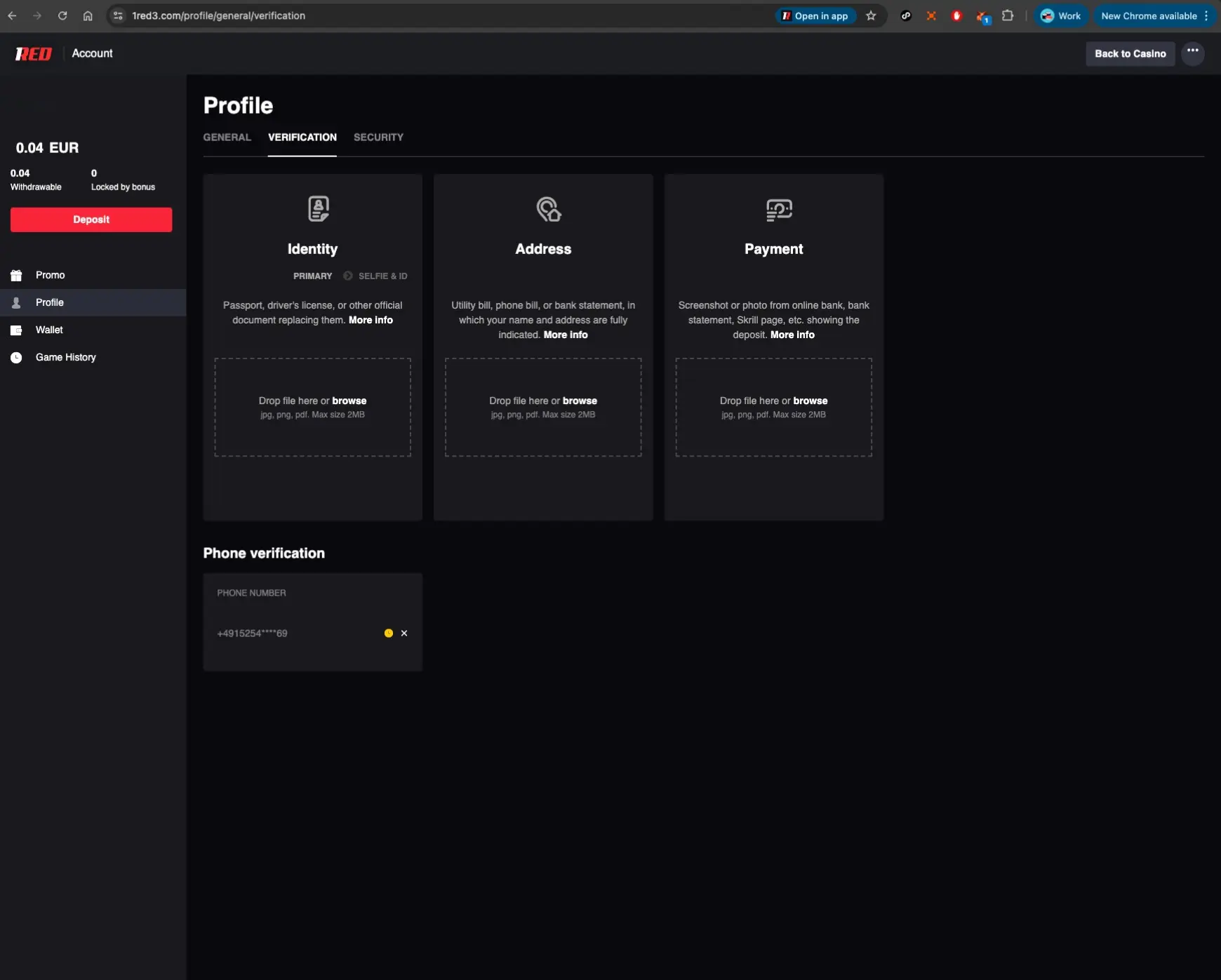 1Red Casino Profile Verification