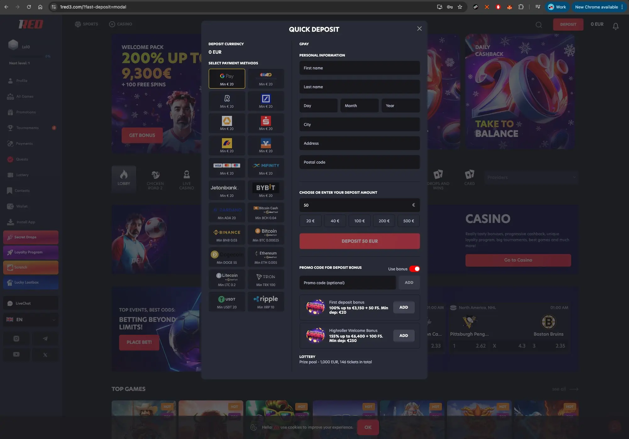 1red Casino Quick Deposit Page