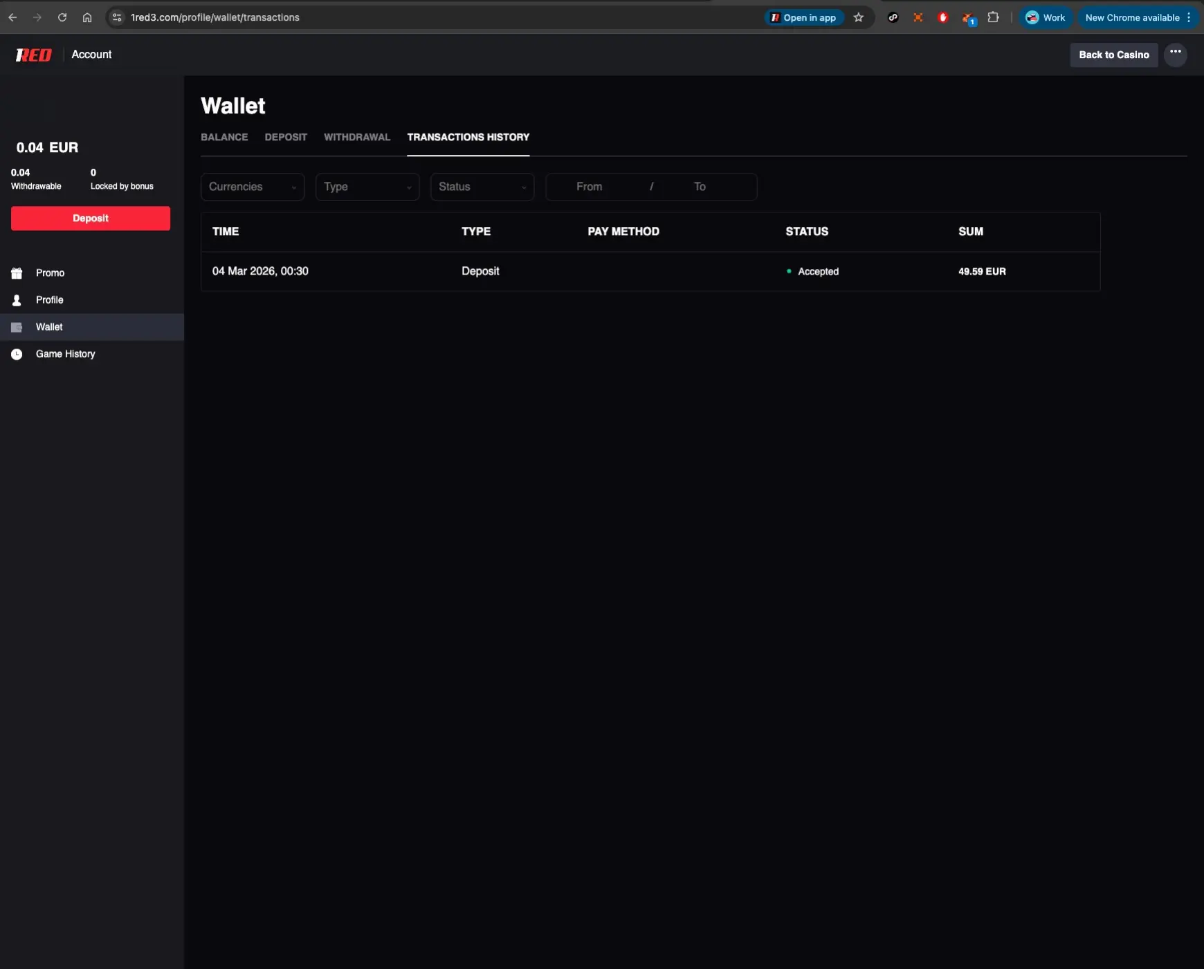 1Red Casino Wallet History