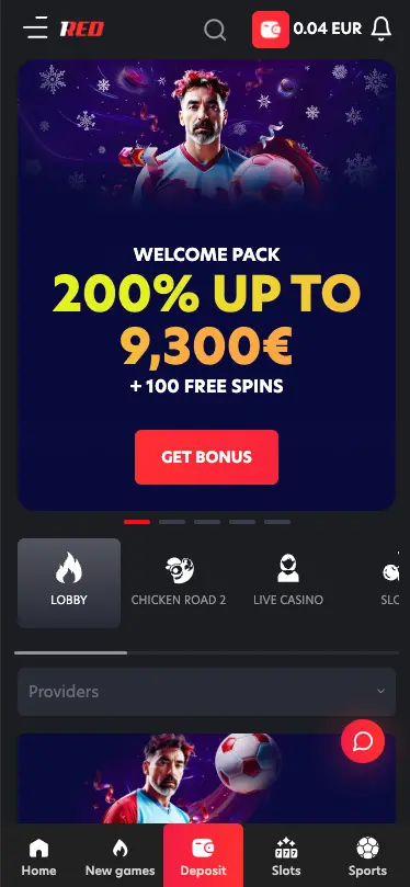1Red Casino Mobile Homepage