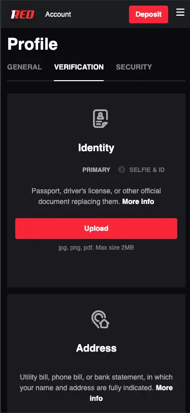1Red Casino Mobile Profile Verification