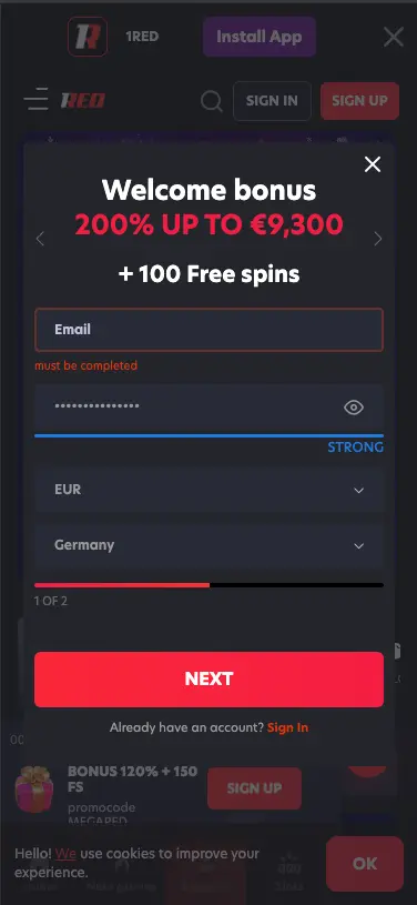 1Red Casino Mobile Sign UP