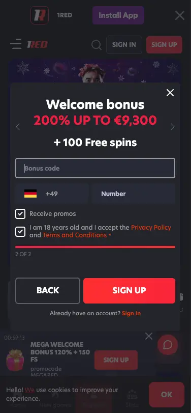 1Red Casino Mobile Welcome Bonus