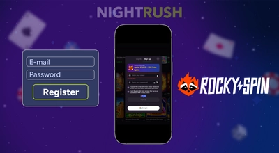 Mobile app login screen for Night Rush and Rocky Spin games. Shows email and password fields with a Register button, against a purple background.