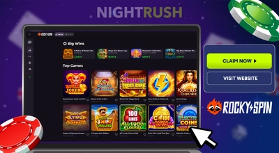 A laptop screen displays a casino website with colorful game icons and text NightRush above. A mouse cursor points to the RockySpin logo.