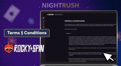 Screenshot of an online terms and conditions page displayed on a laptop. Background shows the 'NightRush' logo, with vibrant icons and the 'Rocky Spin' logo nearby, conveying a playful, digital theme.