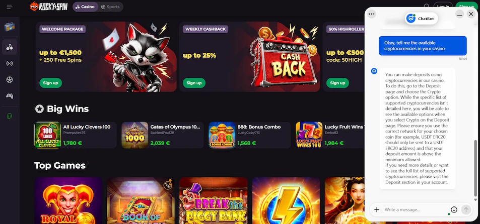 Rockyspin casino live chat displayed on a web screen.