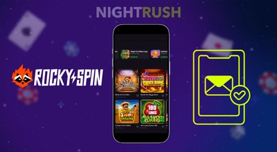 A smartphone displaying casino games is centered on a cosmic-themed background. The "ROCKYSPIN" logo is on the left, with "NIGHTRUSH" and an email icon on the right.