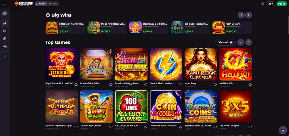 RockySpin Casino homepage.