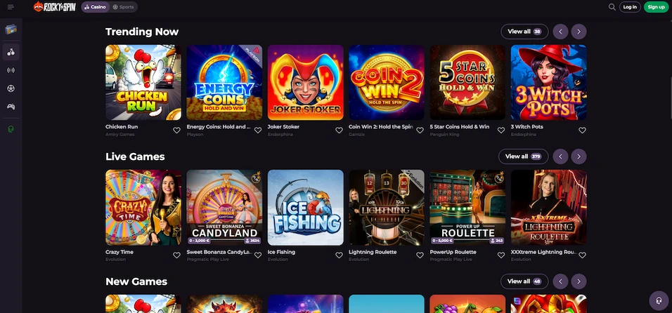 Rockyspin Casino game selection screen.
