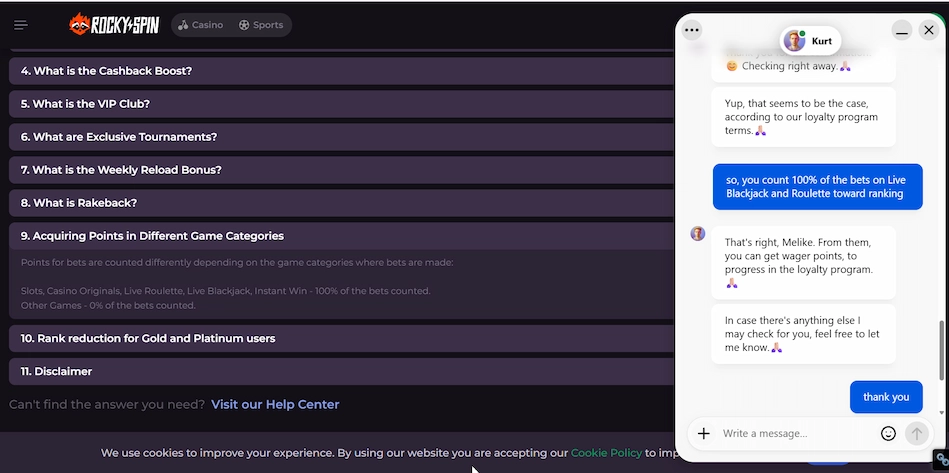 A visual shows the nightrush team member chatting with the agent about Loyalty program eligible game categories.