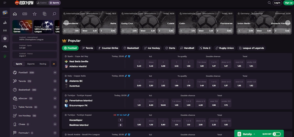 Rockyspin Sportsbook section on web screen.