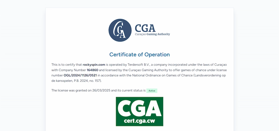 Rockyspin Casino's Curacao licence details against a whitebackground.