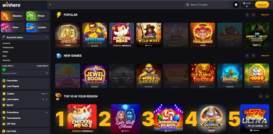 Image displaying winhero casino game selection.