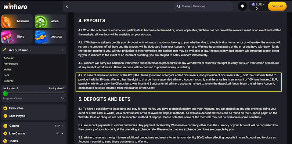 Winhero Casino KYC terms.