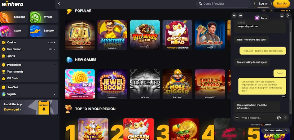 Winhero Casino live chat conversation.