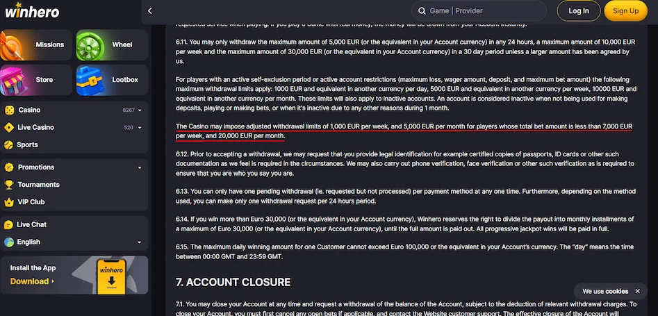 Winhero Casino withdrawal terms.