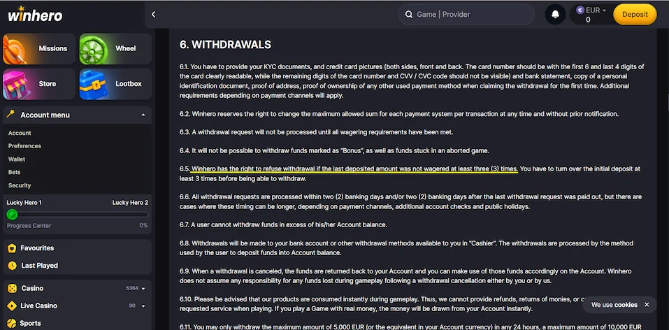 Winhero Casino terms and conditions.