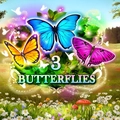 Three colorful butterflies hover above a flower-filled meadow in this vibrant game graphic.