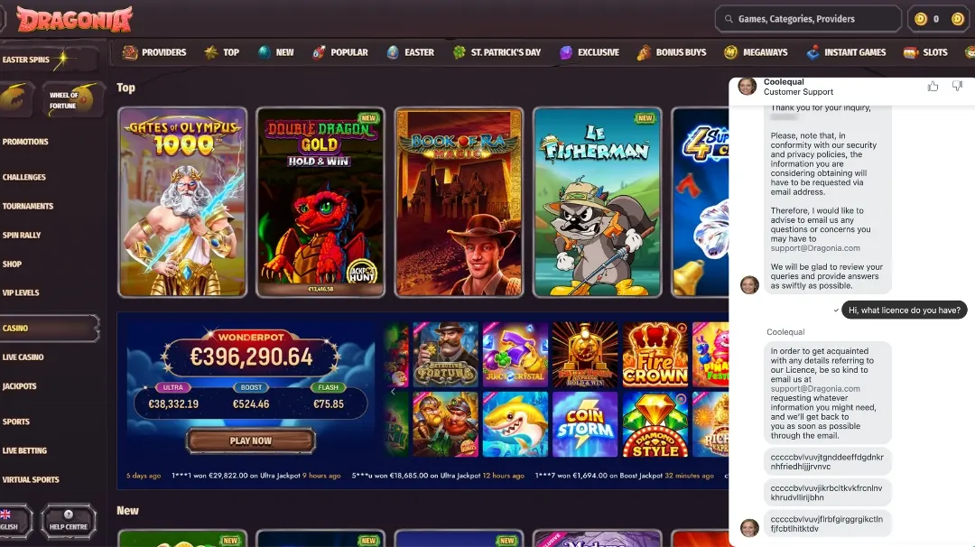 Dragonia Casino Live Chat Desktop