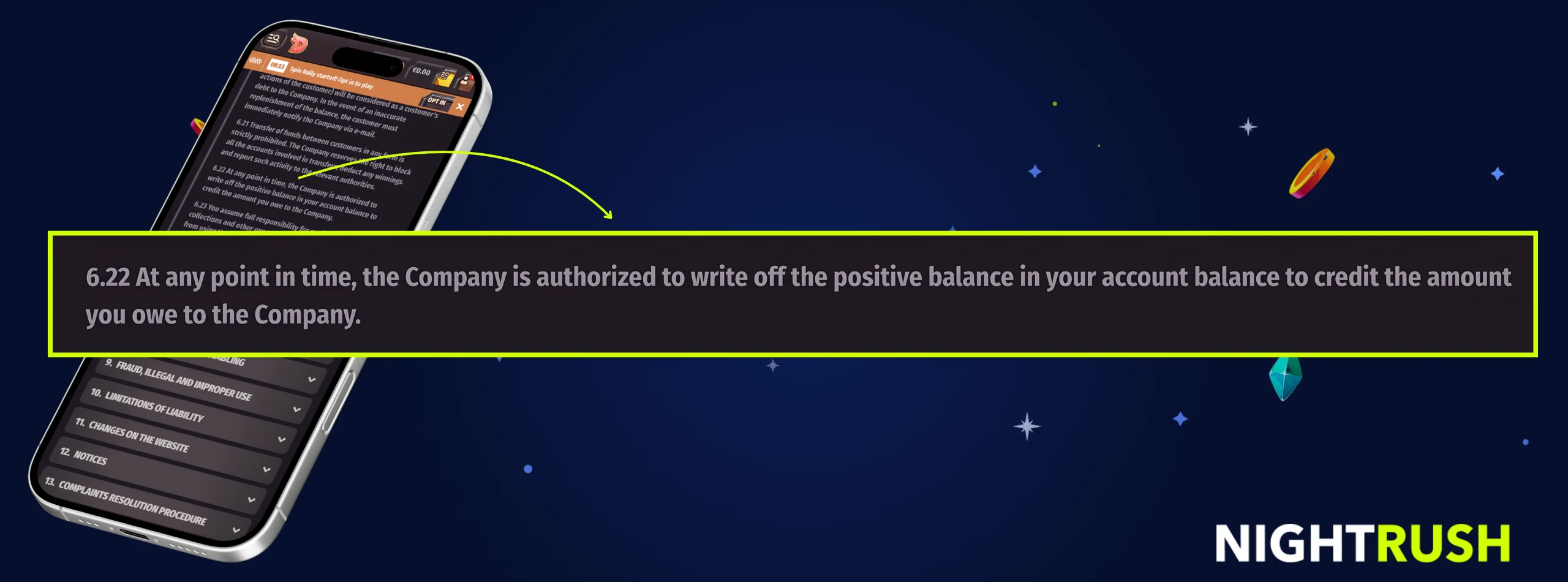 A monitor displays Dragonia's terms with a callout highlighting the account balance write-off rule.