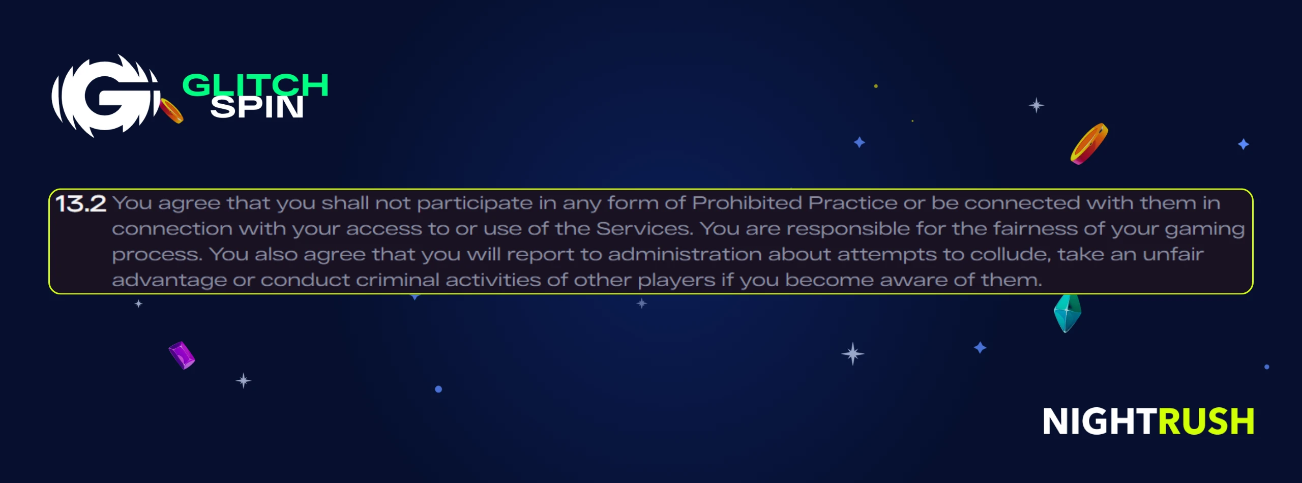 A callout box shows Section 13.2, the GlitchSpin logo, the Nightrush logo.