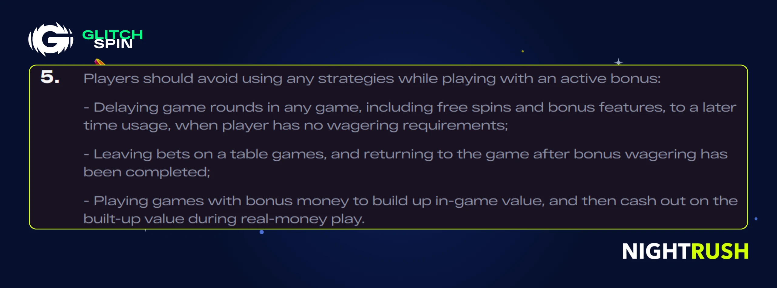 A callout box shows Section 5, the GlitchSpin logo, the Nightrush logo.