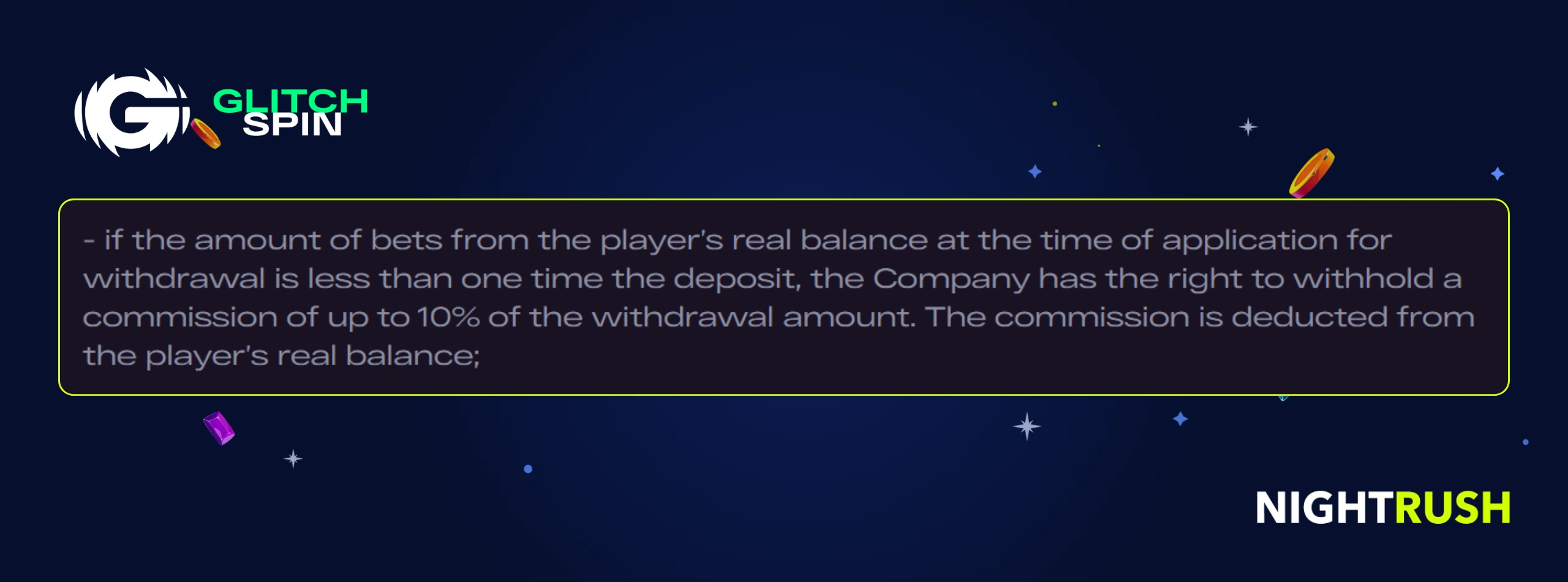 A callout box shows a section about deposit wagering, the GlitchSpin logo, the Nightrush logo.