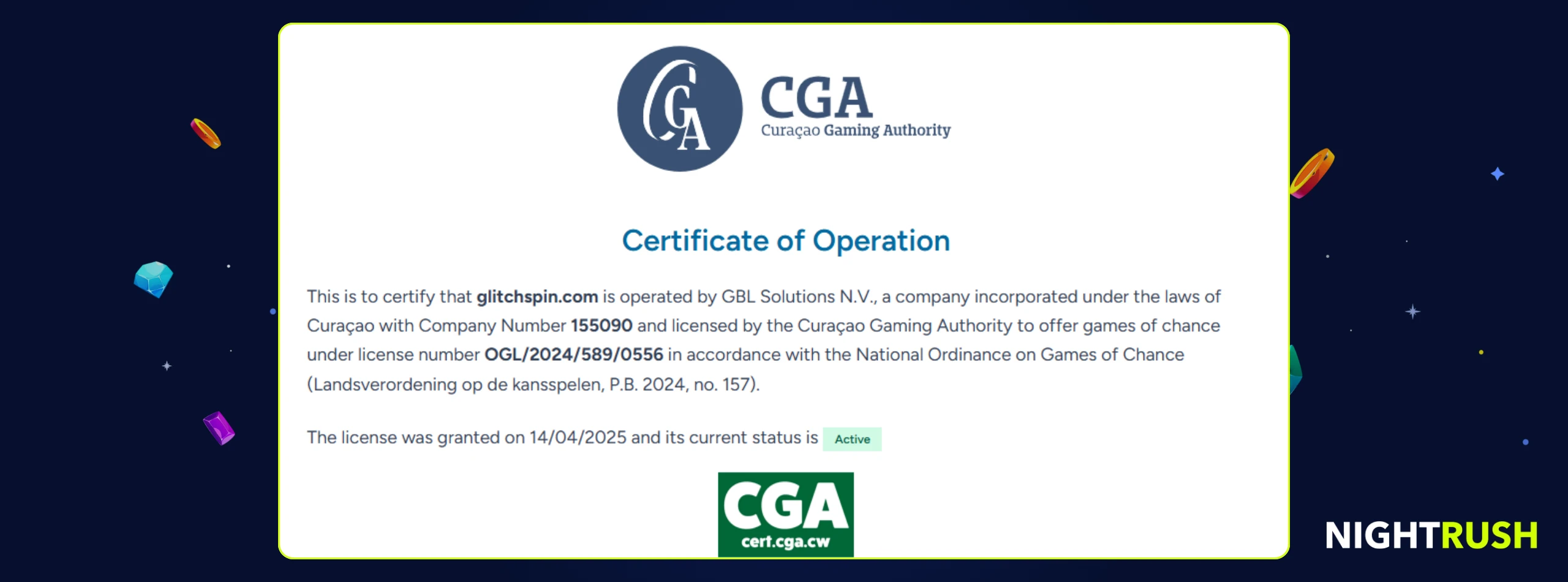 Curaçao Gaming Authority Certificate of Operation for GlitchSpin with an Active license status.