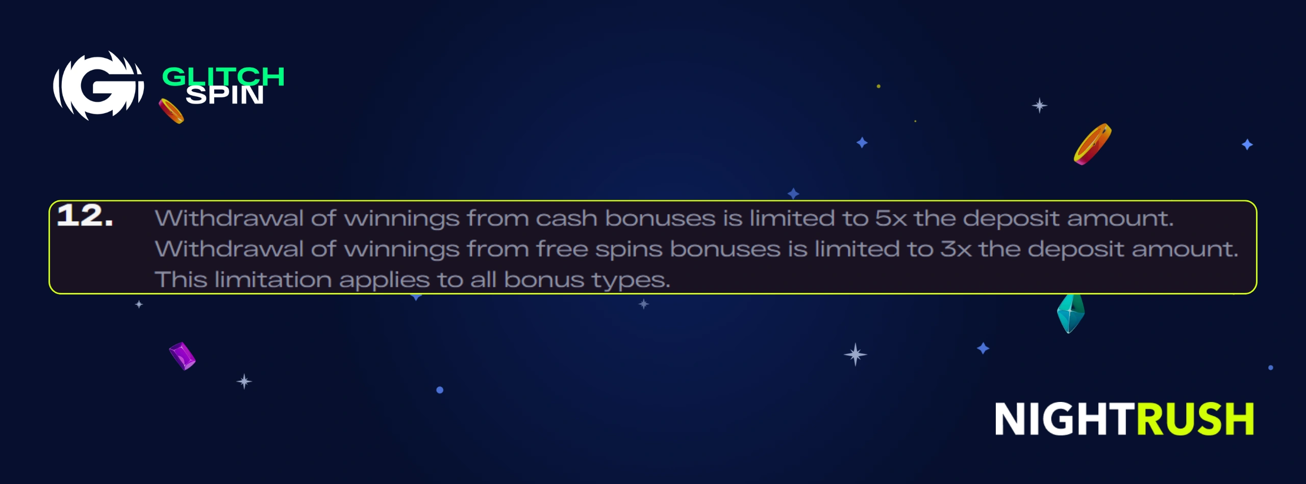 A callout box shows Section 12, the GlitchSpin logo, the Nightrush logo.