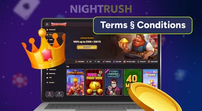NightRush casino terms and conditions page with crown and coin icons on laptop