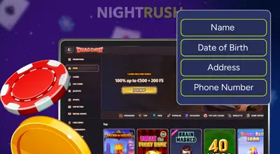 NightRush casino account verification form with personal details fields and poker chips