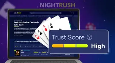 A laptop displays a "Safe Casinos" page on the Nightrush website, featuring a "Trust Score" box next to it with cards.